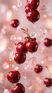 Vibrant Red Cherries and Ice Cubes Falling in a Refreshing Splash.