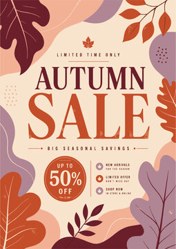 Autumn Sale poster template with organic leaf shapes, seasonal foliage and retail discount messaging