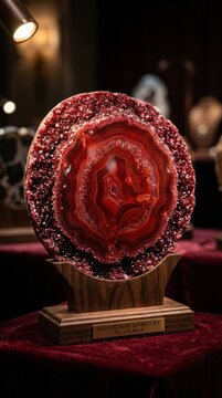 Vibrant Red Geode Crystal Slice on Wooden Stand.