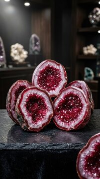 Vibrant red geode halves sparkling with intricate crystal formations.
