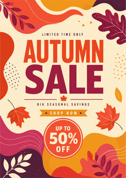 Autumn Sale marketing poster with layered leaves, organic shapes and seasonal fifty percent discount message