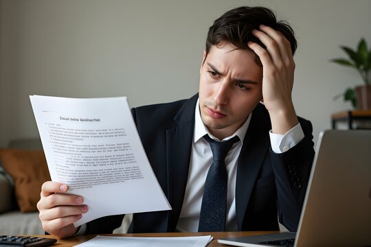 Overworked businessman at home office looking at paper document holding hand on his head feeling hopeless trying to find solution for given problem working too hard need break for better concentration