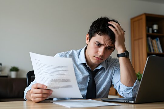 Overworked businessman at home office looking at paper document holding hand on his head feeling hopeless trying to find solution for given problem working too hard need break for better concentration