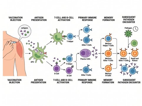 Medical vector diagram showing human vaccination process and immune system response stages with antibody response antigen presentation t cell b cell memory cells infection defense health science