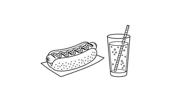 Hot dog with mustard and a glass of soda with a straw in black and white line art style