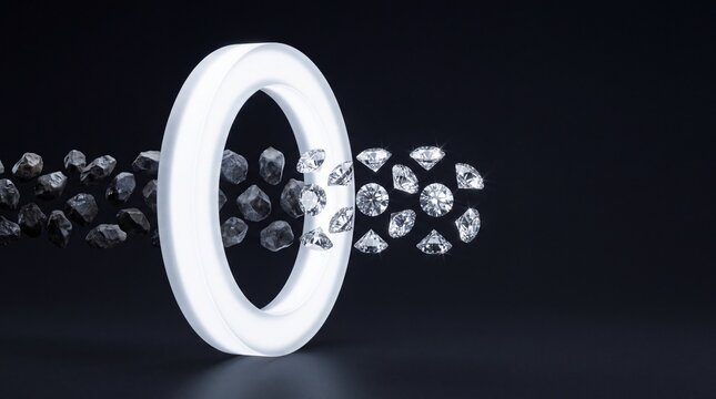 Rough stones transforming into brilliant diamonds through a glowing white ring