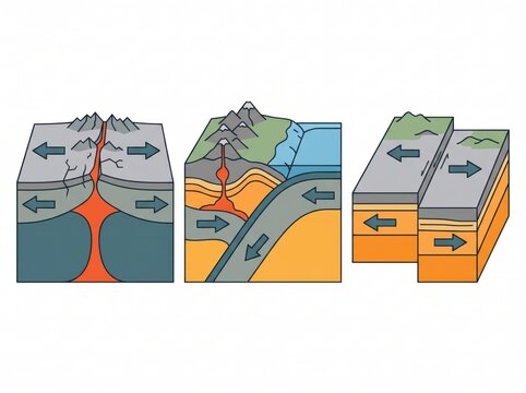 Geological diagram showing tectonic plate boundaries including divergent convergent and transform fault movements with tectonic plates convergent boundary geology diagram earth science fault line