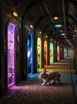 Small Brown Rabbit In Sci Fi Corridor With Glowing Portals To Multiple Parallel Universe Dimensions