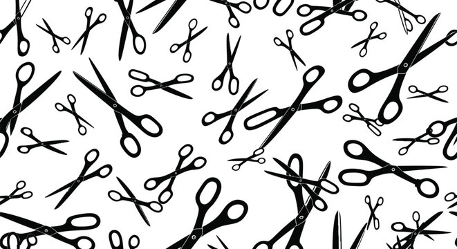 Black scissors seamless pattern on white background featuring various sizes and orientations of cutting tools for craft tailoring and office supply themes.