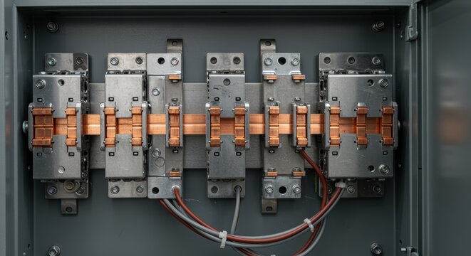 electrical breaker panel with copper busbars and connected wires inside industrial cabinet