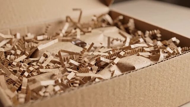 Open cardboard box with sustainable, eco-friendly void fill. Shredded brown paper and crumpled Kraft paper provide protective cushioning for safe product shipping