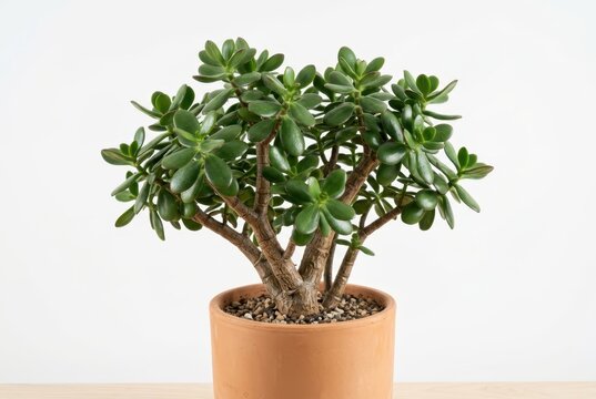 Lush Green Jade Plant (Crassula Ovata) in a Terracotta Pot Isolated on a Clean White Background for Home Decor