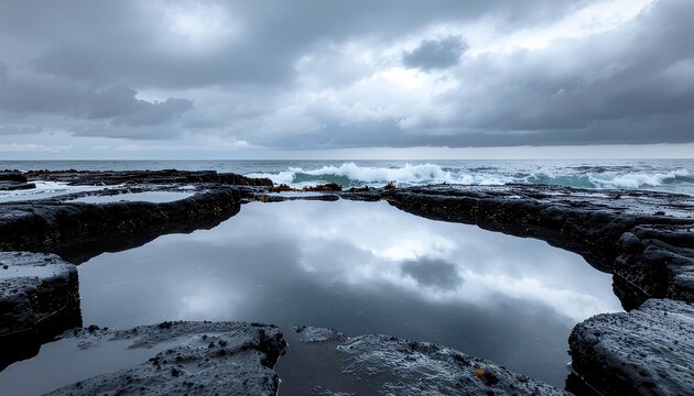Stormy ocean waves crashing on rocky coastline with tidal pool