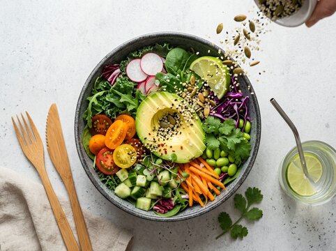 A vibrant overhead shot of a healthy salad bowl featuring avocado slices cherry tomatoes shredded carrots and edamame on a light grey textured background with cutlery.