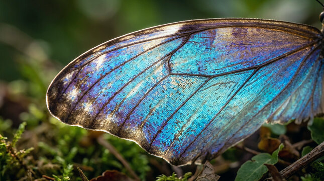 Morpho butterfly wing displays shimmering blue iridescent scales and detailed veins in macro focus.