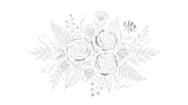 Elegant silver floral bouquet illustration, metallic rose and leaf arrangement, shimmering botanical line art on white background