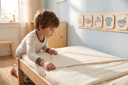 Young Child Making Bed For Morning Routine