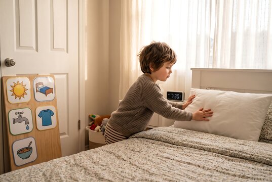 Young Child Making Bed With Visual Routine