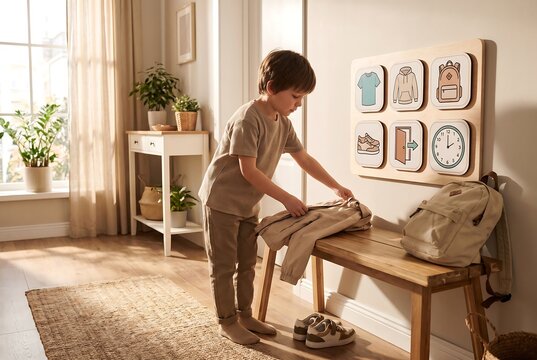 Young Child Preparing Backpack For Daily Routine