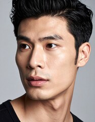 Naklejka premium Close-up portrait of a young man with short black hair looking to the side against a neutral background.