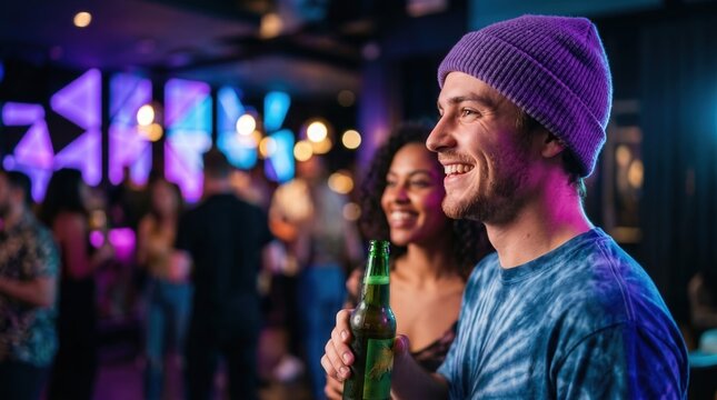 Smiling man in purple beanie and tie-dye shirt holding green beer bottle in a crowded nightclub. Man enjoying social nightlife at bar with neon light and diverse crowd during weekend party.