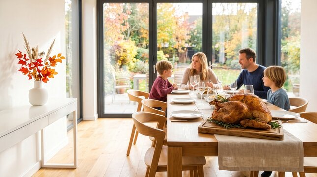 Happy family sit at a dining table for a festive Thanksgiving dinner with roasted turkey. Family share holiday celebration meal in modern dining room featuring autumn foliage through glass door.