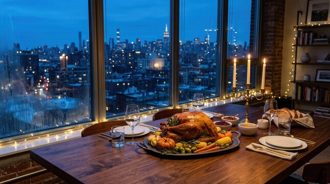 A roasted turkey sits on a wooden table with festive sides and candles in front of a city skyline at dusk. Roasted turkey highlights a holiday celebration in a luxury penthouse apartment.