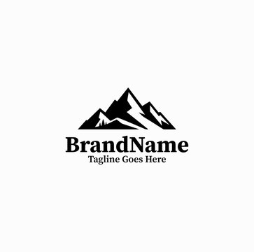 Black image vector logo silhouette of wild mountain range peaks for trekking on white background