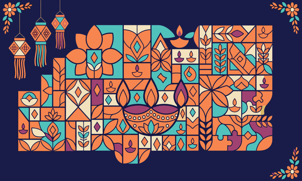 Colorful mosaic art illustration featuring traditional indian symbols for the festive celebration of diwali holiday season