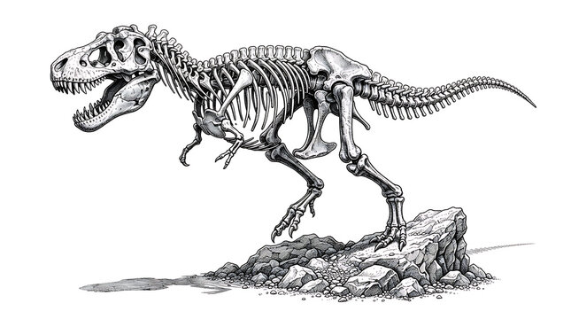 Dinosaur skeleton illustration in black and white