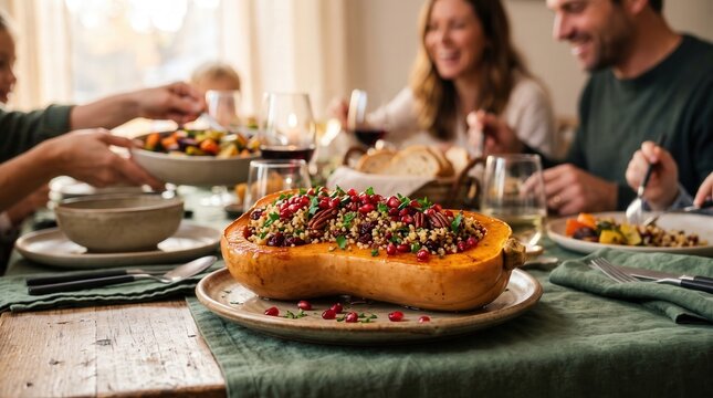 Roasted butternut squash stuffed with quinoa and pomegranate seeds sits on a wooden dinner table. Stuffed butternut squash provides a festive vegan meal option for a holiday family dinner.
