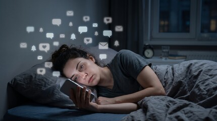 Fototapeta premium An exhausted person using a smartphone late at night, representing excessive screen time, digital dependency, sleep disruption, and unhealthy technology habits.