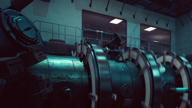 Workers are repairing a large machine inside a workshop. The environment is busy with tools and equipment. Windows allow natural light to enter the space.
