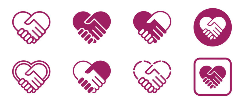 Artistic Heart Shaped Handshake Icons Set for Partnership and Charity Illustration