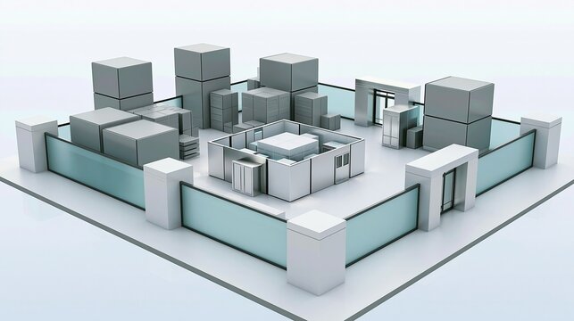 3D isometric architectural site plan of modern office building with stacked gray blocks and glass partitions showing urban workspace layout design