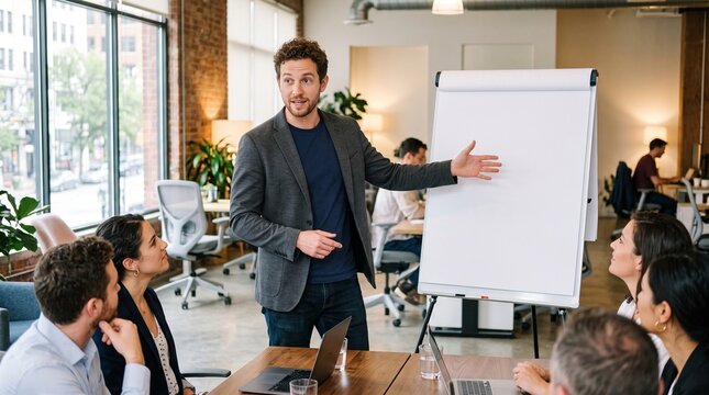 Professional entrepreneur giving a business presentation to a team in a modern office.