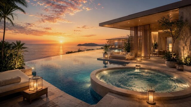 夕日が沈む海を見下ろすインフィニティプールとジャグジーを備えた高級リゾートの夕暮れ風景