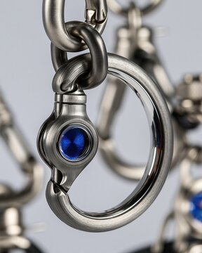 Close up of brushed titanium metal carabiner keyring with blue decorative inlay modern premium edc accessory on light blurred background