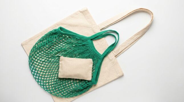 Reusable shopping bags including a green mesh bag and a beige canvas tote isolated on white background
