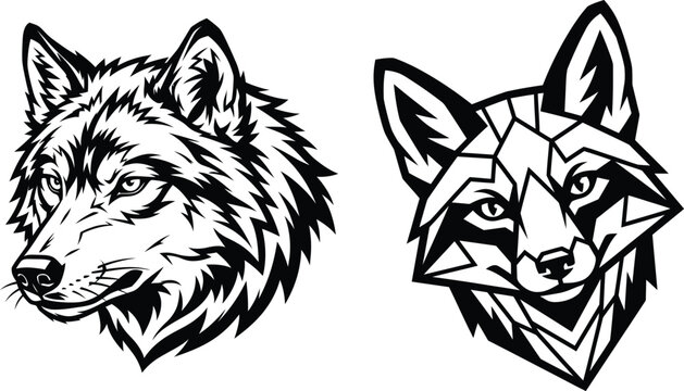 Set of hand drawn wolf and fox head illustrations in black and white ink styles