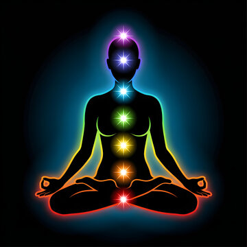 Meditating person silhouette with glowing multi colored chakra points and aura