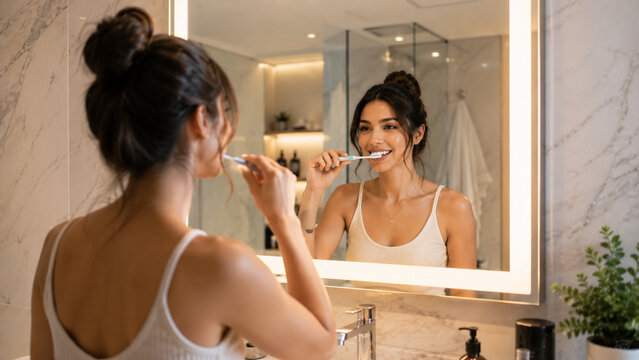 Smiling woman brushes teeth during her daily lifestyle morning routine