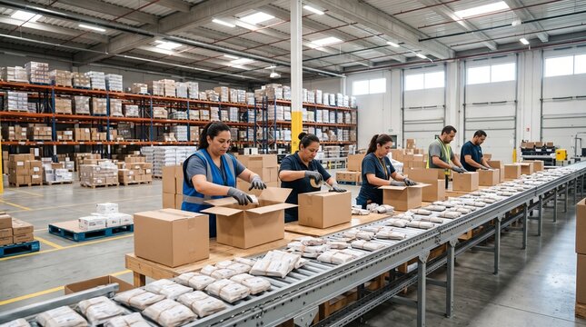 Warehouse workers packing products on a conveyor belt in a distribution center.