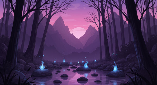 Enchanted forest landscape with glowing blue flames along a rocky river stream surrounded by dark bare trees and distant mountain peaks at twilight