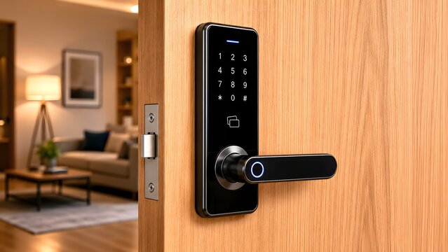 Black smart door lock with keypad on a wooden door