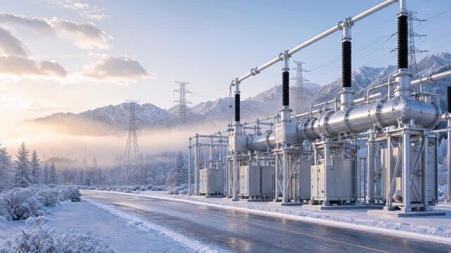 Modern Electrical Substation in Snowy Winter Landscape