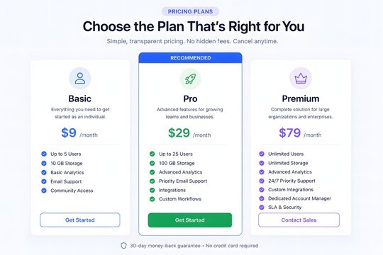 Pricing plan comparison table with three tier options