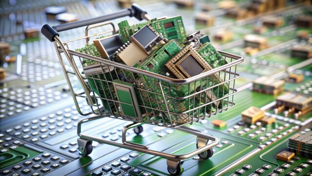 Shopping Cart Filled with Microchips and Circuit Boards on Background