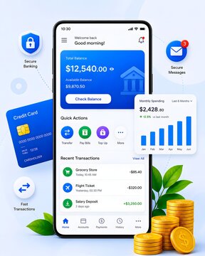Mobile banking app interface with balance and chart