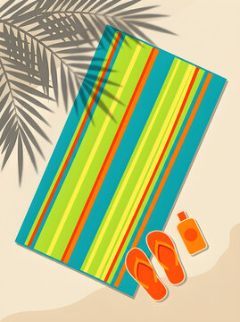 Striped beach towel with flip flops and sunscreen bottle under palm tree